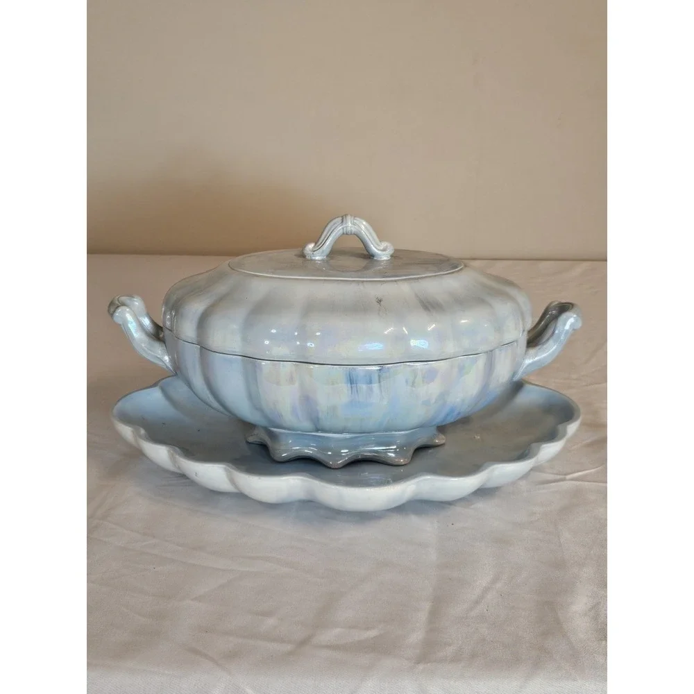 Vintage 1972 Sherry B Signed Iridescent Blue Ceramic Soup Tureen with Underplate